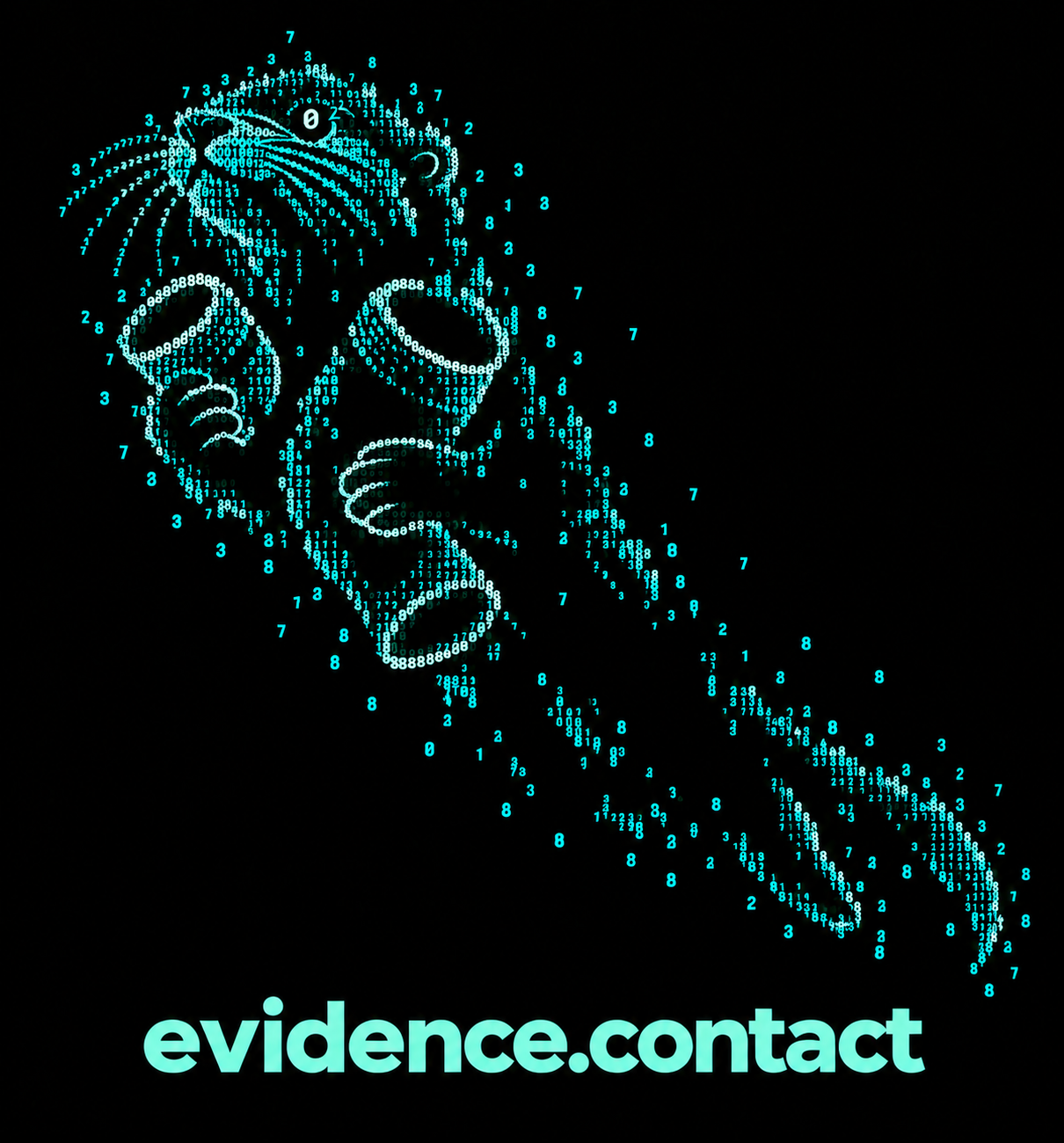 A face formed from glowing turquoise numbers above the evidence.contact wordmark